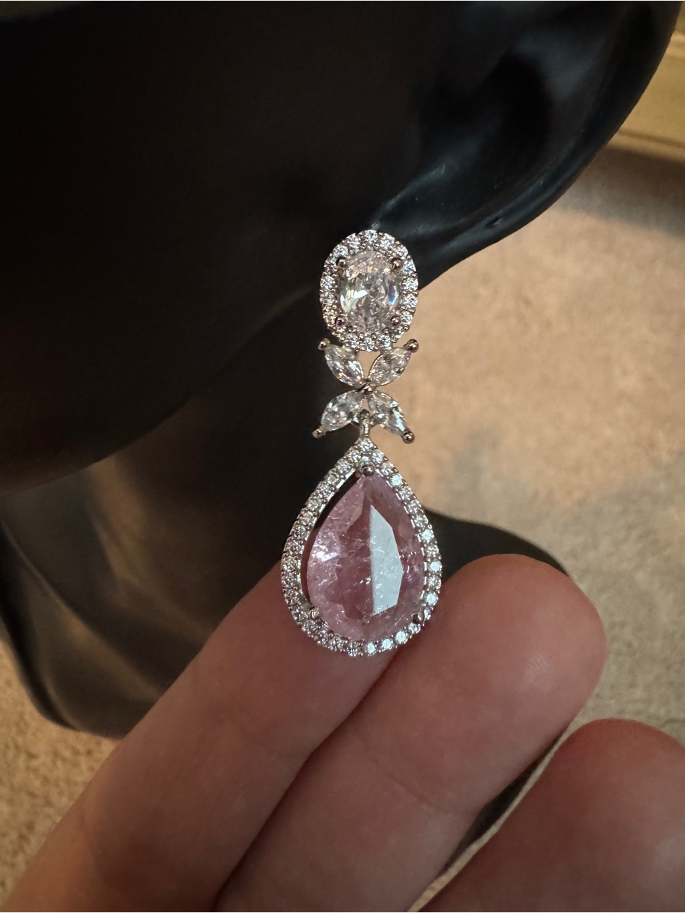 Sparkling Pink Teardrop Drop Earrings with Clear Accents